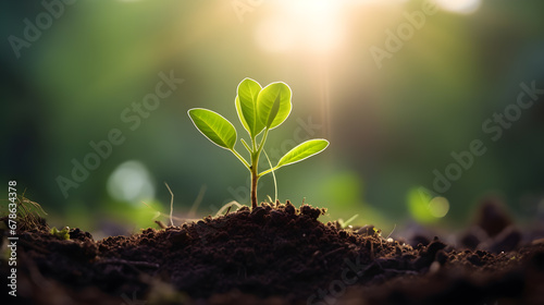 Morning sun shines to the seedling are growing from the rich soil. Development, Green business, finance and saving money for sustainability investment.