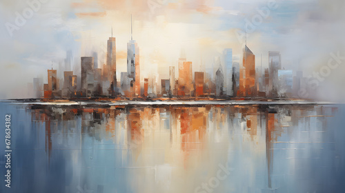 Skyline city view with reflections on water. Original oil painting on canvas texture. Generative Ai.
