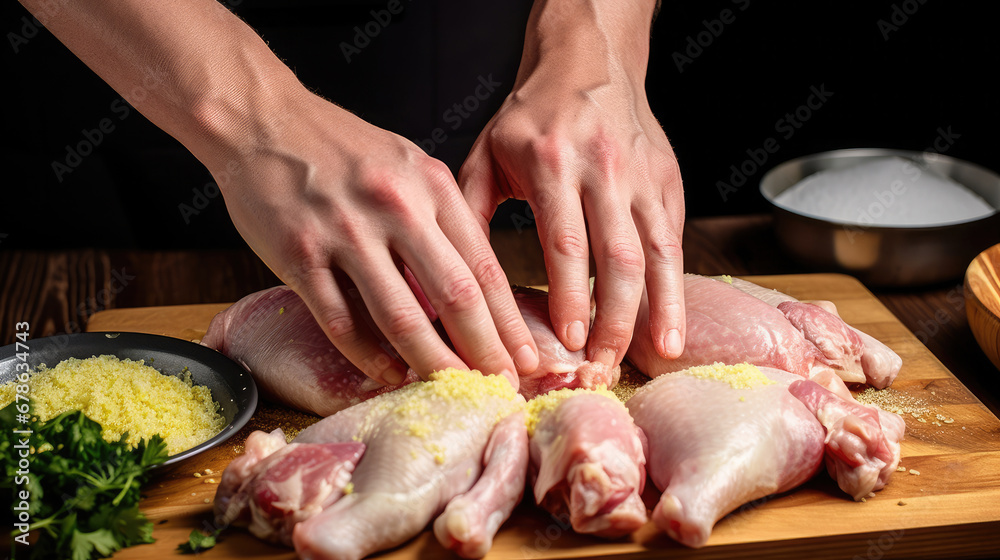 hands preparing raw chicken legs with garlic butter and green herbs on wooden board in kitchen created with Generative AI Technology 