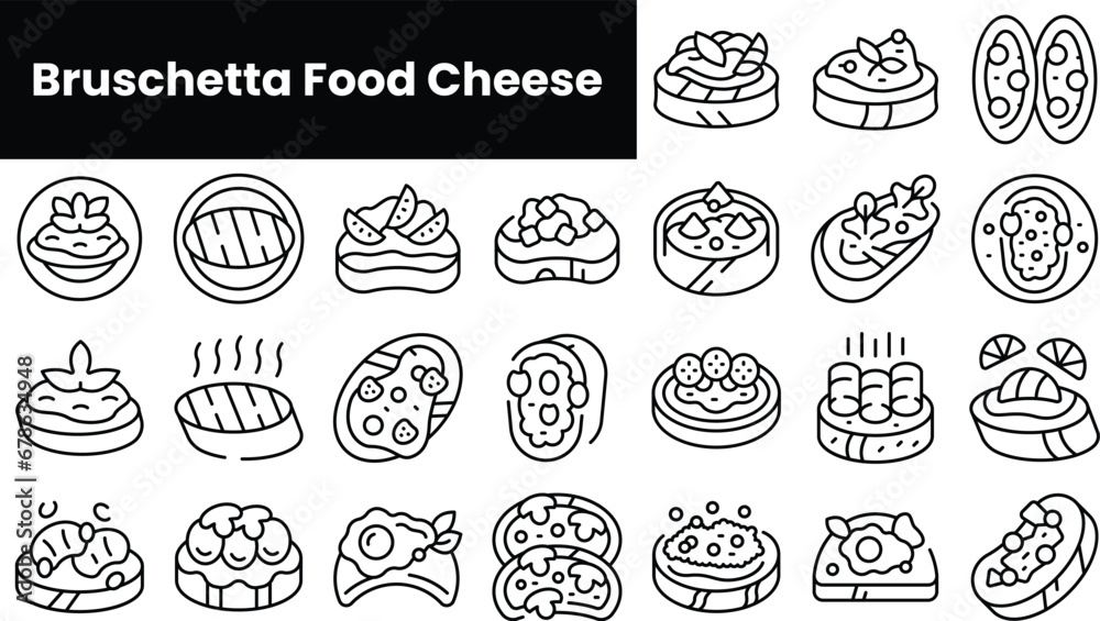 Set of outline bruschetta food cheese icons