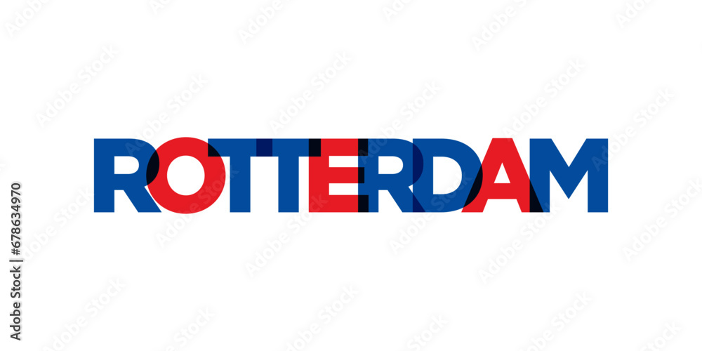 Rotterdam in the Netherlands emblem. The design features a geometric style, vector illustration with bold typography in a modern font. The graphic slogan lettering.