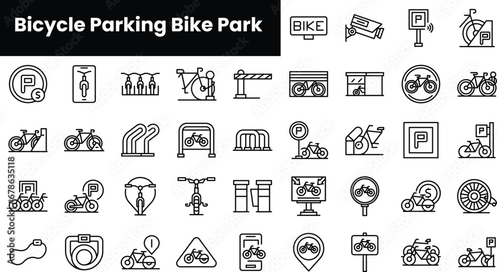 Set of outline bicycle parking bike park icons - obrazy, fototapety, plakaty 