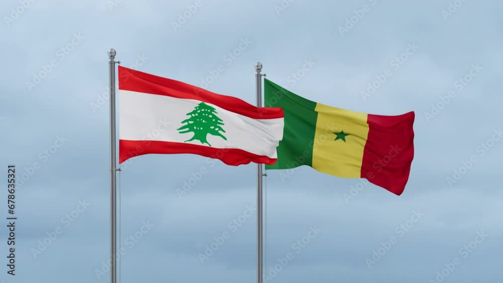 Republic of Senegal and Lebanon flag waving together on cloudy sky, endless seamless loop, two country cooperation concept Republic of Senegal and Lebanon flag waving together on cloudy sky, endless seamless loop, two country cooperation concept