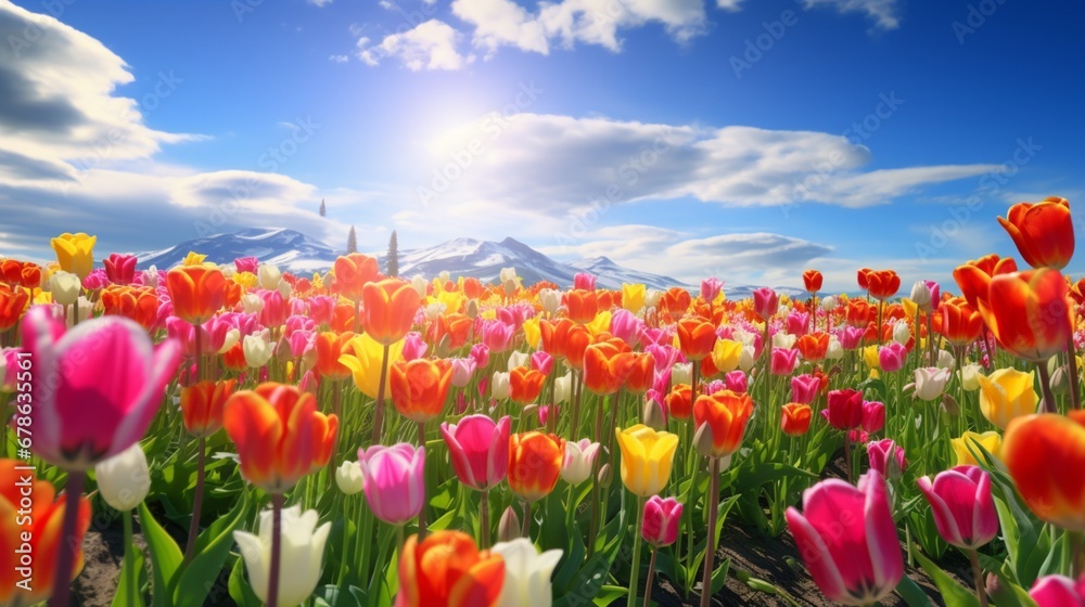 A field of vibrant tulips in full bloom, each flower standing tall in a riot of colors, a living testament to the beauty of spring.
