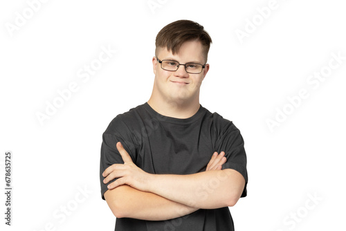 PNG, a boy with down syndrome in a black t-shirt posing for the camera, isolated on a white background