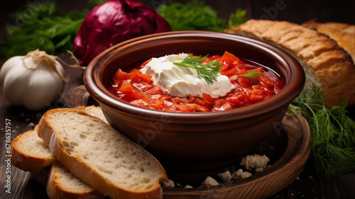 Traditional ukrainian cuisine. Bowl with tasty red borscht soup. photo