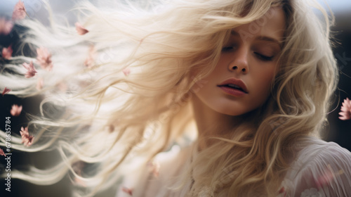 Portrait of a beautiful girl with flying blond hair