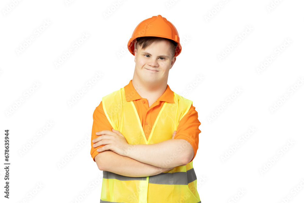 PNG, boy with down syndrome in work uniform with hard hat on his head, isolated on white background PNG, boy with down syndrome in work uniform with hard hat on his head, isolated on white background