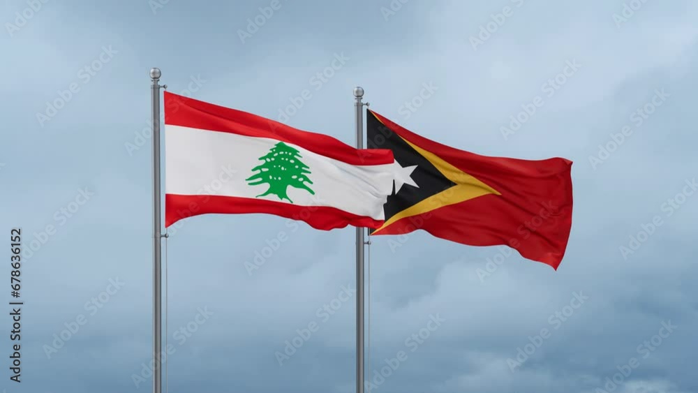 East Timor and Lebanon flag waving together on cloudy sky, endless seamless loop, two country cooperation concept East Timor and Lebanon flag waving together on cloudy sky, endless seamless loop, two country cooperation concept