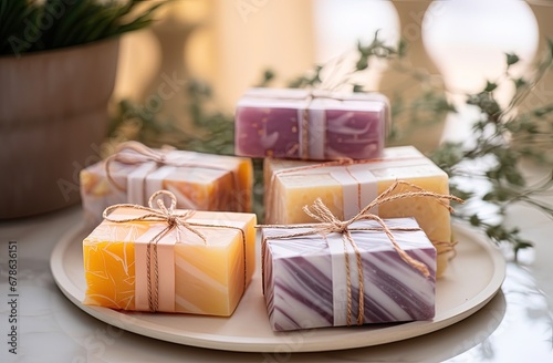 Cozy and Colorful Marbled Soap Set on Marble Surface