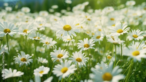 A field of wild daisies, their white petals creating a carpet of simplicity and purity in the midst of a green meadow.