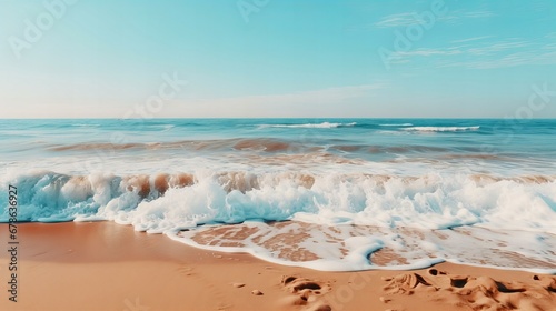 Tranquil Seashore Bliss: Foamy Waves Gently Kiss Sandy Beach Under Clear Blue Skies © SK