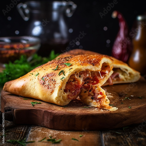 Pizza calzone lezat dengan alas kayu dan suasana klasik photo