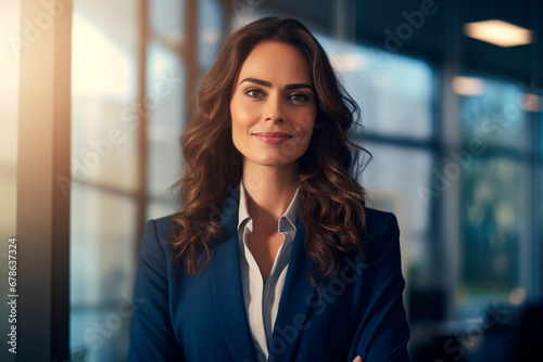 Portrait of a smiling professional woman in a suit in her office. Business woman standing in an office, clear light through the window