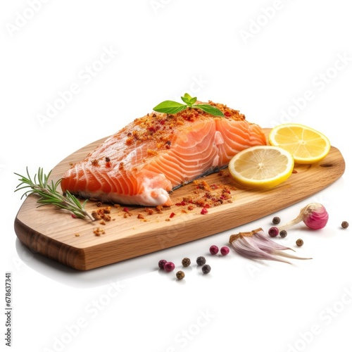 Salmon Slice on Wooden Board w Spices