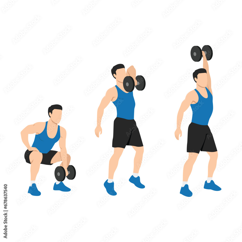 Man doing one arm dumbbell snatch exercise. Flat vector illustration isolated on white background Man doing one arm dumbbell snatch exercise. Flat vector illustration isolated on white background