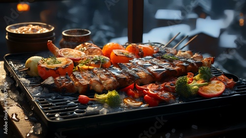 A grill with a variety of food on it