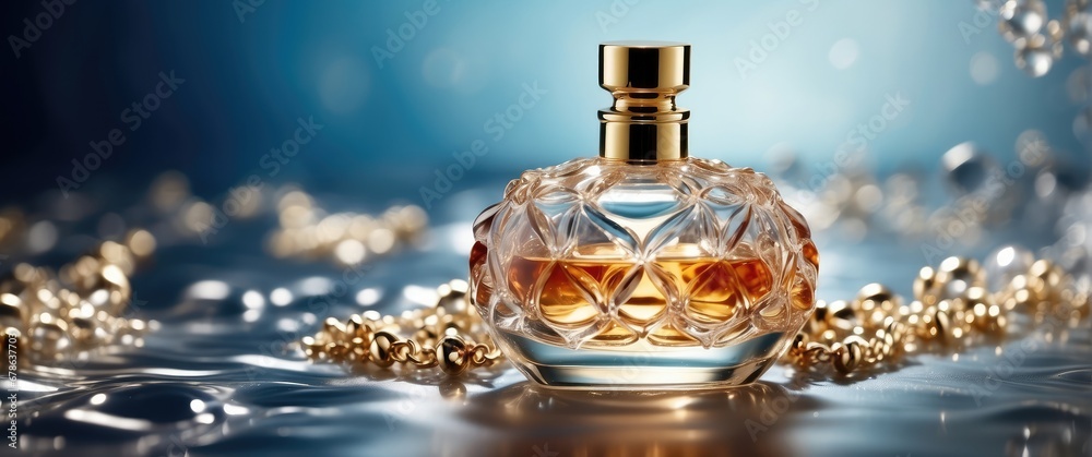 Luxury jewelry perfume still life picture, surrounded by water waves, product promotion - obrazy, fototapety, plakaty 