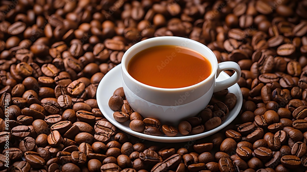 Fototapeta premium Steaming Cup of Coffee on a Saucer Surrounded by Roasted Beans: The Essence of Aroma