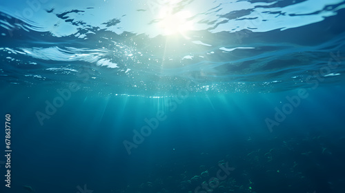 Underwater ocean panorama with water surface sun on a sunbeam serbien izrael, in the style of dark teal and light silver, fluid photography	