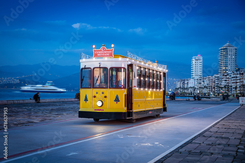 Nostalgic tram running in Izmir City Kordon Caddesi. Konak, izmir. Turkey photo