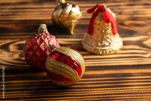 Christmas ornament, beautiful Christmas decorations on rustic wood, selective focus