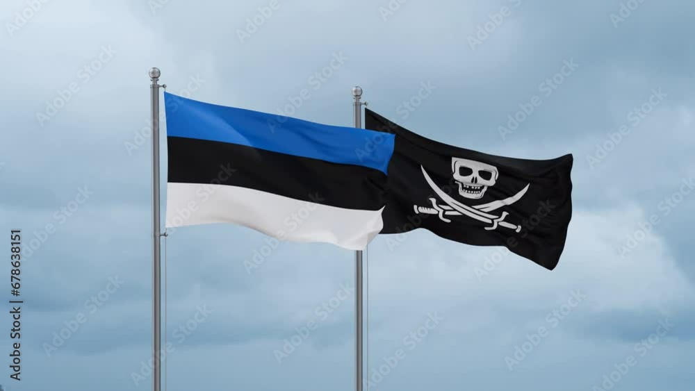 Estonia flag and Corsair flag waving together on cloudy sky, endless seamless loop Estonia flag and Corsair flag waving together on cloudy sky, endless seamless loop