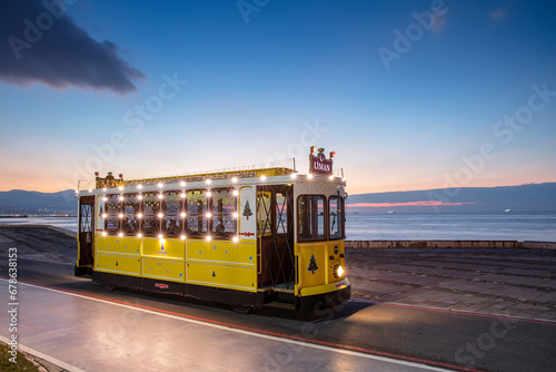 Nostalgic tram running in Izmir City Kordon Caddesi. Konak, izmir. Turkey photo