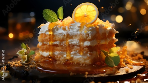 A piece of cake with a slice of lemon on top of it