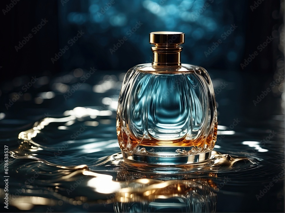 Luxury jewelry perfume still life picture, surrounded by water waves, product promotion Luxury jewelry perfume still life picture, surrounded by water waves, product promotion