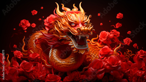 Happy Chinese new year 2024 the dragon zodiac sign with color elements on black color background. 