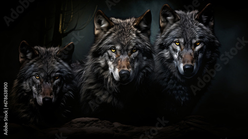 Three wolves on a black background