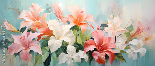 White and pink lilies on a turquoise background. Spring flowers. Banners for backgrounds, print, wallpapers, greeting cards and posters.