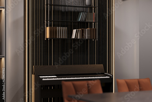 Electric piano with Album arranged on the wall unit, 3D rendering