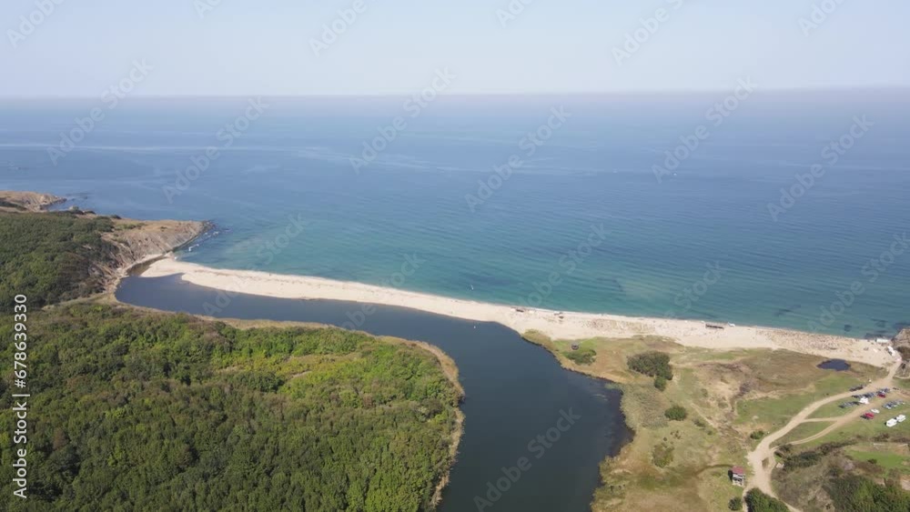 Aerial view of beach at the mouth of the Veleka River, Sinemorets village, Burgas Region, Bulgaria Aerial view of beach at the mouth of the Veleka River, Sinemorets village, Burgas Region, Bulgaria