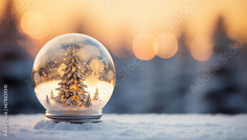 A Winter Wonderland  Snow Globe with a Delicate Christmas Tree Encased in Glass