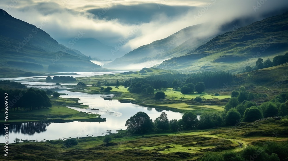 misty morning in the scottish highlands, with rugged hills partially veiled in fog, copy space, 16:9 - obrazy, fototapety, plakaty 