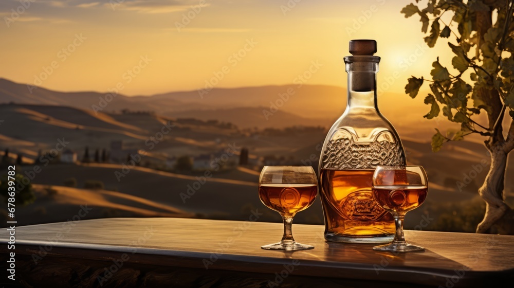 brandy bottle next to a filled glas, sunset, vineyard hills in the background, copy space, 16:9 brandy bottle next to a filled glas, sunset, vineyard hills in the background, copy space, 16:9