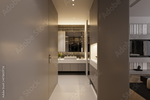 Interior of modern restroom  Sink  Mirror  cabinet into the interior  3D rendering