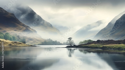 misty morning in the scottish highlands, with rugged hills partially veiled in fog, copy space, 16:9 photo