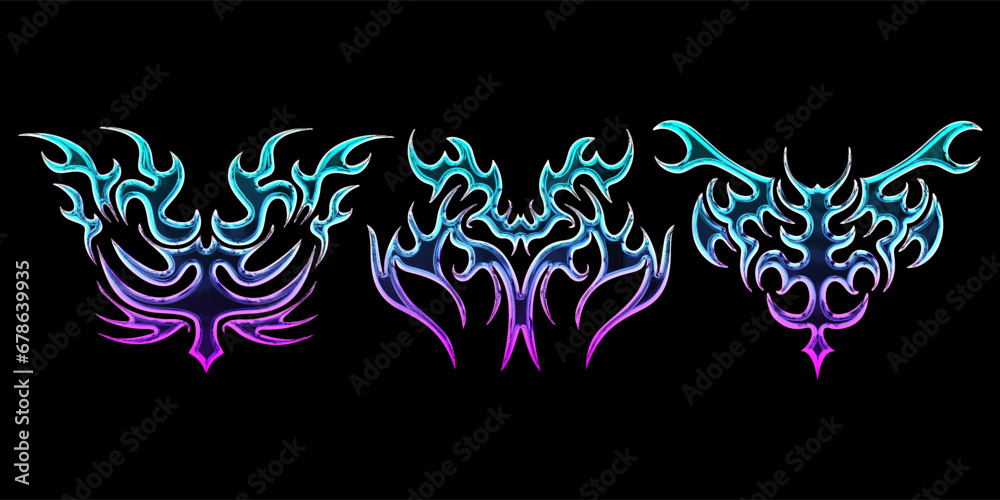 3d chrome metal of y2k. 3d rendering illustration of abstract neo tribal cyber sigil metallic melted modern.Gothic abstract patterns for streetwear, typography, t-shirt. 3D element Illustration.