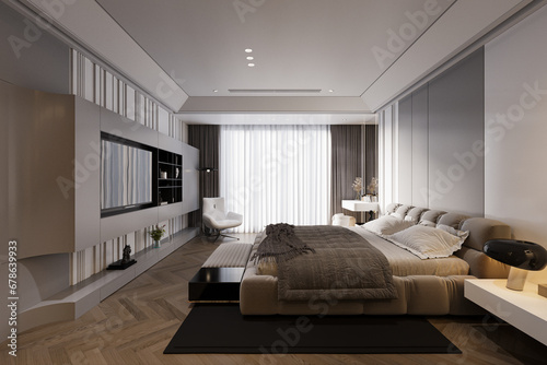 Luxurious bedroom interior with Cozy and effortless bed, TV unit with TV and stuff in front of  the bed, 3D rendering © CGI