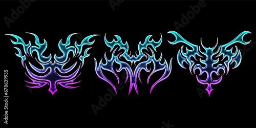 3d chrome metal of y2k. 3d rendering illustration of abstract neo tribal cyber sigil metallic melted modern.Gothic abstract patterns for streetwear, typography, t-shirt. 3D element Illustration.