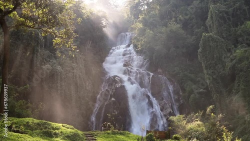Mae Tia waterfall beauty of the streams flows gently waterfall in Orb Luang national park, Chom Thong, Chiang Mai, Thailand. Travel point for camping with sound of a flowing nature.