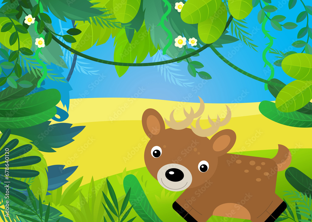 cartoon scene with forest and animal roe deer illustration for children cartoon scene with forest and animal roe deer illustration for children