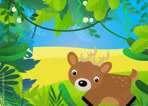 cartoon scene with forest and animal roe deer illustration for children