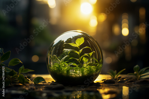 There are green plants inside the glass ball, urbanization and environmental change, urban greening, symbolizing nature, environment, sustainability, ESG and climate change awareness, Arbor Day photo