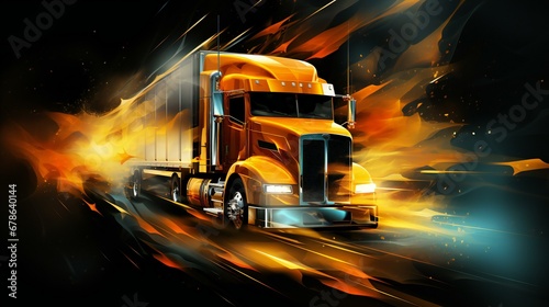 Blazing Speed: Dynamic Semi Truck Ignites the Night with Intense Fiery Graphics photo