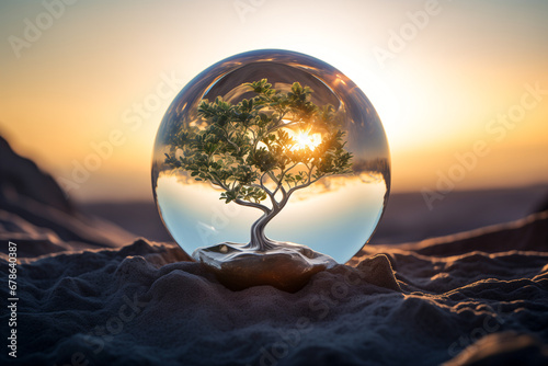 Glass ball with plants inside, surrounded by desert, land desertification, symbolizing protection of nature, environment, sustainable development, ESG and climate change awareness, Arbor Day