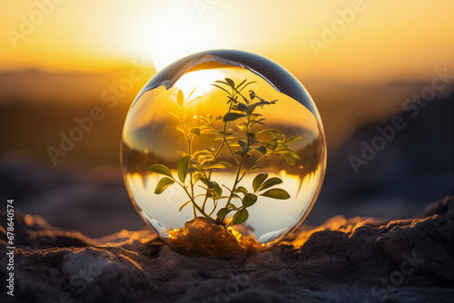 Glass ball with plants inside, surrounded by desert, land desertification, symbolizing protection of nature, environment, sustainable development, ESG and climate change awareness, Arbor Day